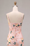 Pink Mermaid Floral Spaghetti Straps Midi Dress