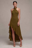 Chiffon Olive A-Line Halter Neck Midi Dress with Ruffles
