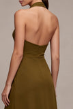 Chiffon Olive A-Line Halter Neck Midi Dress with Ruffles