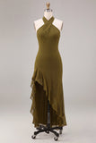 Chiffon Olive A-Line Halter Neck Midi Dress with Ruffles