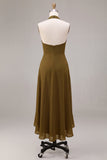 Chiffon Olive A-Line Halter Neck Midi Dress with Ruffles