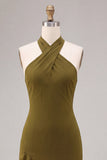 Chiffon Olive A-Line Halter Neck Midi Dress with Ruffles