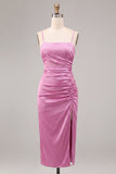 Fuchsia Satin Ruched Mermaid Spaghetti Straps Midi Dress with Slit