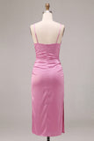 Fuchsia Satin Ruched Mermaid Spaghetti Straps Midi Dress with Slit