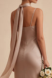 Mermaid Dusty Rose Satin Spaghetti Straps Maxi Dress with Neck Scarf