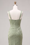 Mermaid Light Green Square Neck Ruched Printed Floral Midi Dress