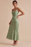 Mermaid Light Green Square Neck Ruched Printed Floral Midi Dress