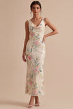White Pink Flower Cowl Neck Mermaid Sequins Midi Dress with Slit