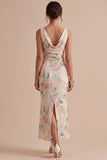 White Pink Flower Cowl Neck Mermaid Sequins Midi Dress with Slit