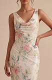 White Pink Flower Cowl Neck Mermaid Sequins Midi Dress with Slit