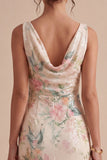 White Pink Flower Cowl Neck Mermaid Sequins Midi Dress with Slit