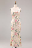 White Pink Flower Cowl Neck Mermaid Sequins Midi Dress with Slit