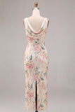 White Pink Flower Cowl Neck Mermaid Sequins Midi Dress with Slit
