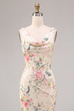 White Pink Flower Cowl Neck Mermaid Sequins Midi Dress with Slit