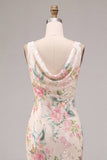 White Pink Flower Cowl Neck Mermaid Sequins Midi Dress with Slit