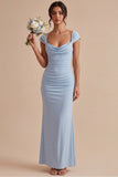 Sky Blue Mermaid Ruched Cowl Neck Maxi Dress