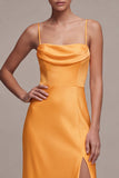 Light Yellow Satin Spaghetti Straps Mermaid Ruched Maxi Dress with Slit