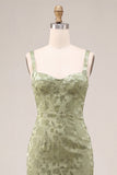 Light Green Satin Bodycon Ruched Midi Floral Dress with Slit