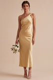 Satin Gold One Shoulder Mermaid Midi Dress
