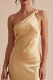 Satin Gold One Shoulder Mermaid Midi Dress