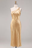 Satin Gold One Shoulder Mermaid Midi Dress