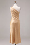 Satin Gold One Shoulder Mermaid Midi Dress