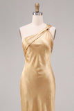 Satin Gold One Shoulder Mermaid Midi Dress