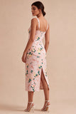Bodycon Pink Square Neck Midi Floral Dress with Slit