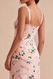 Bodycon Pink Square Neck Midi Floral Dress with Slit