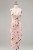 Bodycon Pink Square Neck Midi Floral Dress with Slit
