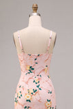Bodycon Pink Square Neck Midi Floral Dress with Slit