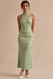 Light Green Halter Neck Printed Mermaid Floral Midi Dress