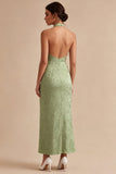 Light Green Halter Neck Printed Mermaid Floral Midi Dress