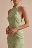 Light Green Halter Neck Printed Mermaid Floral Midi Dress