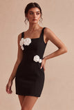 Square Neck Bodycon Little White Dress with 3D Flowers