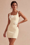 Square Neck Bodycon Little White Dress with 3D Flowers