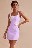 Square Neck Bodycon Little White Dress with 3D Flowers