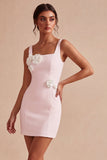 Square Neck Bodycon Little White Dress with 3D Flowers