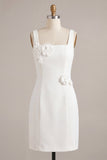 Square Neck Bodycon Little White Dress with 3D Flowers