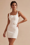 Square Neck Bodycon Little White Dress with 3D Flowers