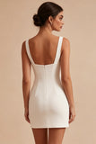 Square Neck Bodycon Little White Dress with 3D Flowers