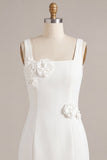Square Neck Bodycon Little White Dress with 3D Flowers