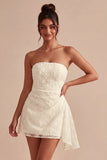 Strapless Floral Bodycon Little White Dress with Sash