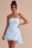 Strapless Floral Bodycon Little White Dress with Sash