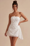 Strapless Floral Bodycon Little White Dress with Sash