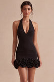 Halter Neck Bodycon Backless Little White Dress with 3D Flowers