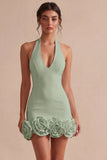 Halter Neck Bodycon Backless Little White Dress with 3D Flowers