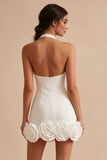 Halter Neck Bodycon Backless Little White Dress with 3D Flowers