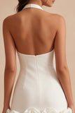 Halter Neck Bodycon Backless Little White Dress with 3D Flowers