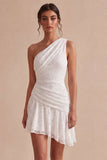 One Shoulder Lace Asymmetrical Bodycon Little White Dress